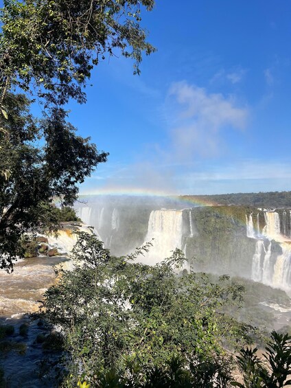 A waterfall with a rainbow, surrounded by lush greenery. 4
