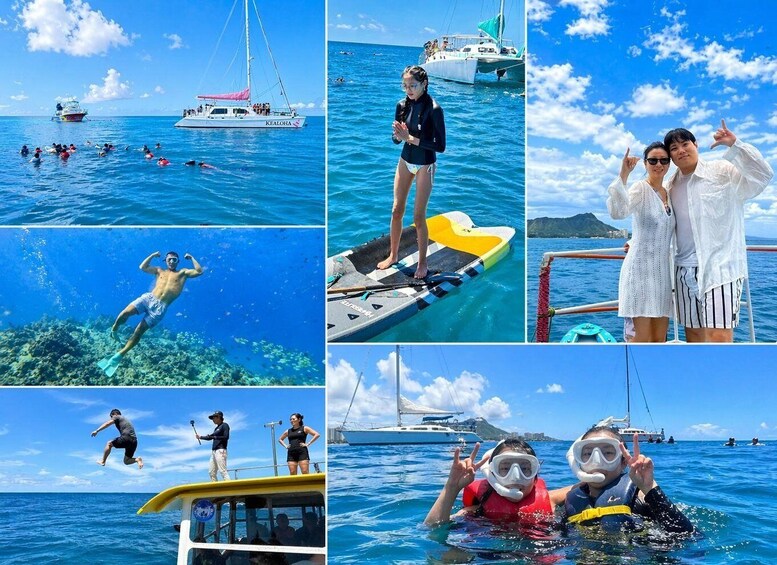 A group of people snorkeling, a sailboat, a person on a paddleboard, and a couple posing on a boat. 5