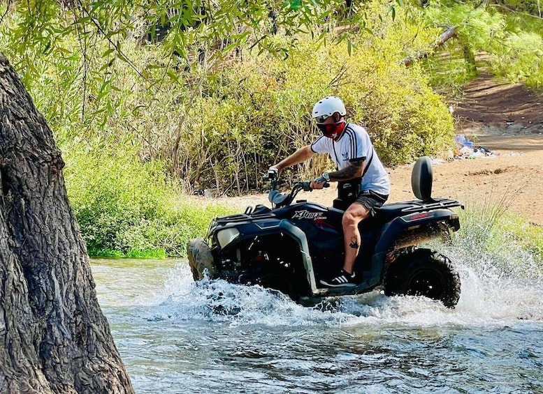 A person riding an ATV through a body of water surrounded by greenery. 5