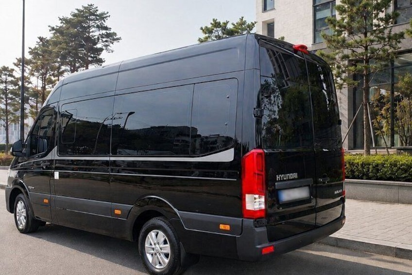 A black Hyundai van parked on a city street. 2
