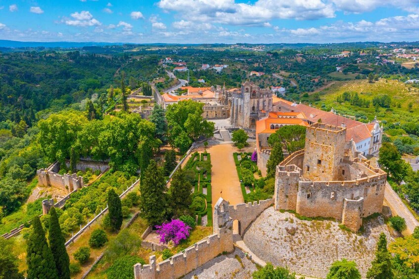 A historic castle surrounded by lush greenery and a town in the background. 3