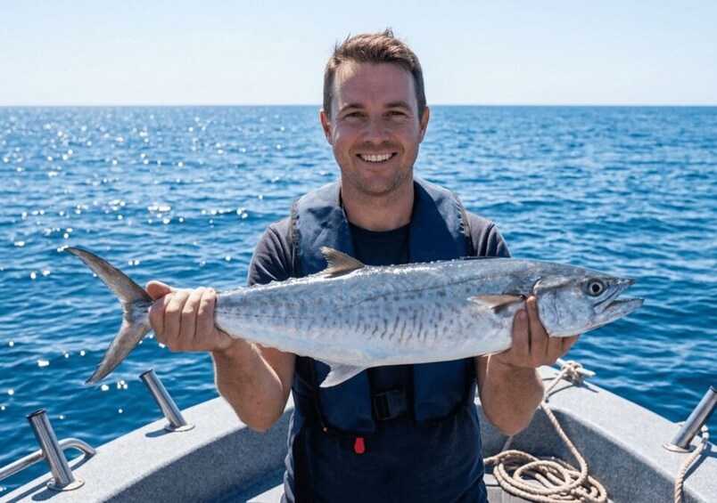 A person holding a fish on a boat with the ocean in the background. 2