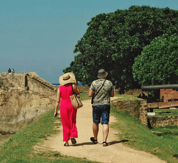 Two people walking on a dirt path, with a large tree and a cannon on the right. 2