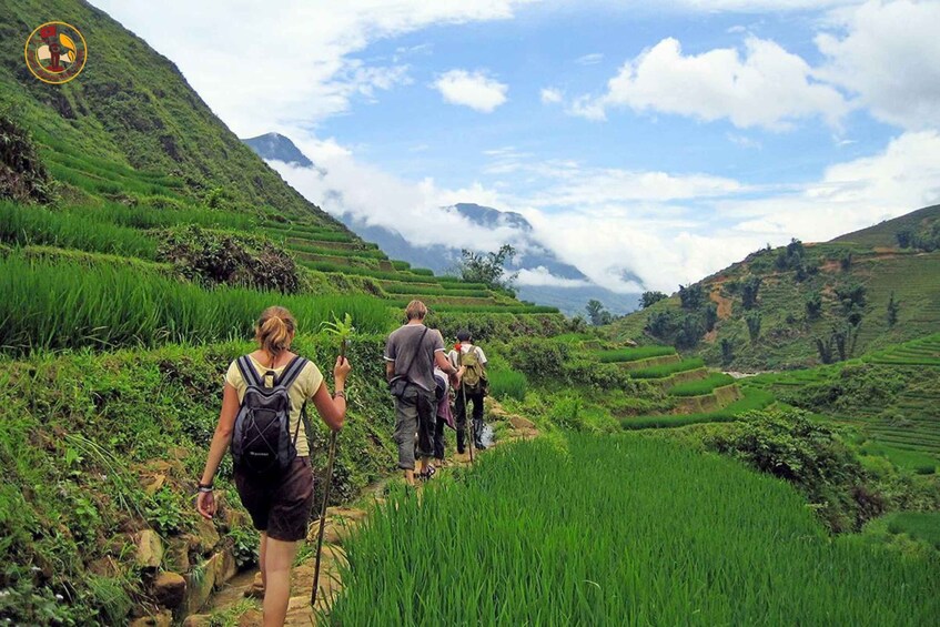 A group of hikers walking on a path through terraced rice fields with mountains in the background. 4