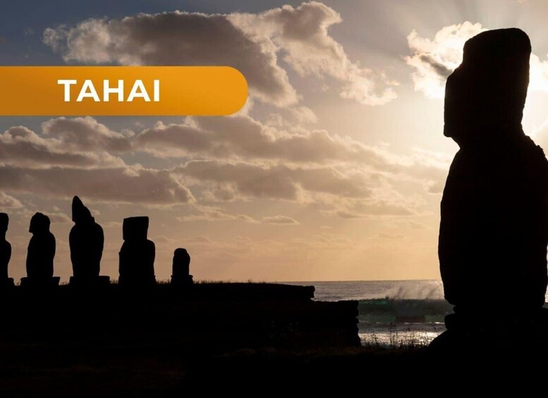 A person silhouetted against a sunset with the text 'TAHAI' and Moai statues in the background. 1