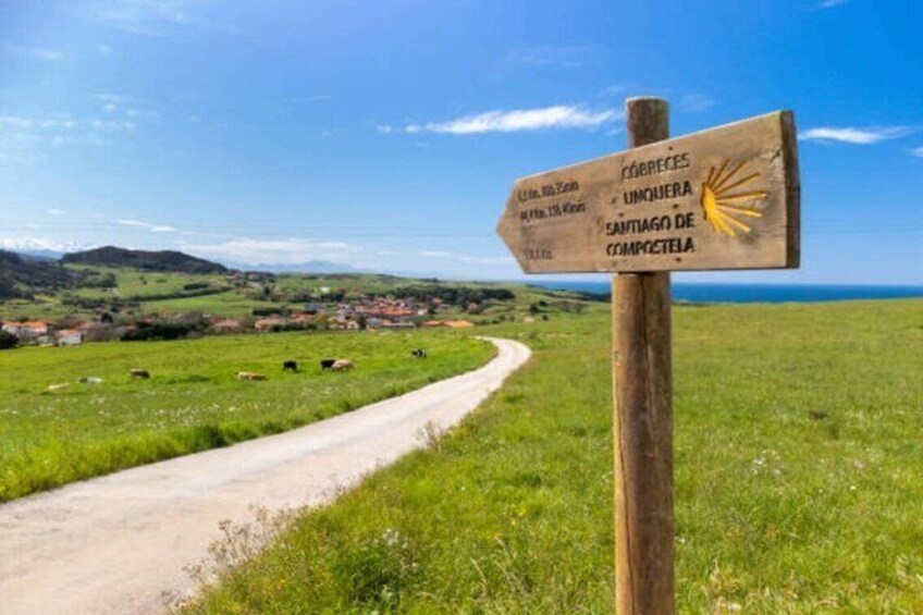 A rural road with a wooden signpost indicating directions to Santiago de Compostela and a nearby village. 5