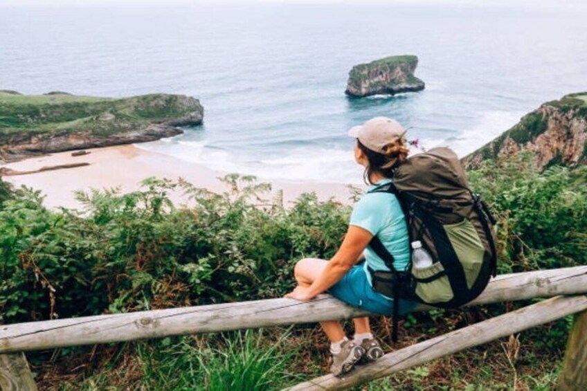 A person sitting on a wooden fence overlooking a coastal landscape with cliffs and a beach. 3