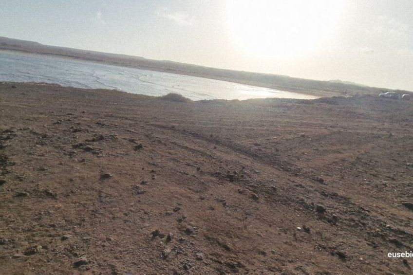 A barren landscape with a body of water in the distance. 4