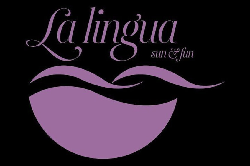 A logo with the text 'La lingua sun & fun' and a stylized wave design. 2
