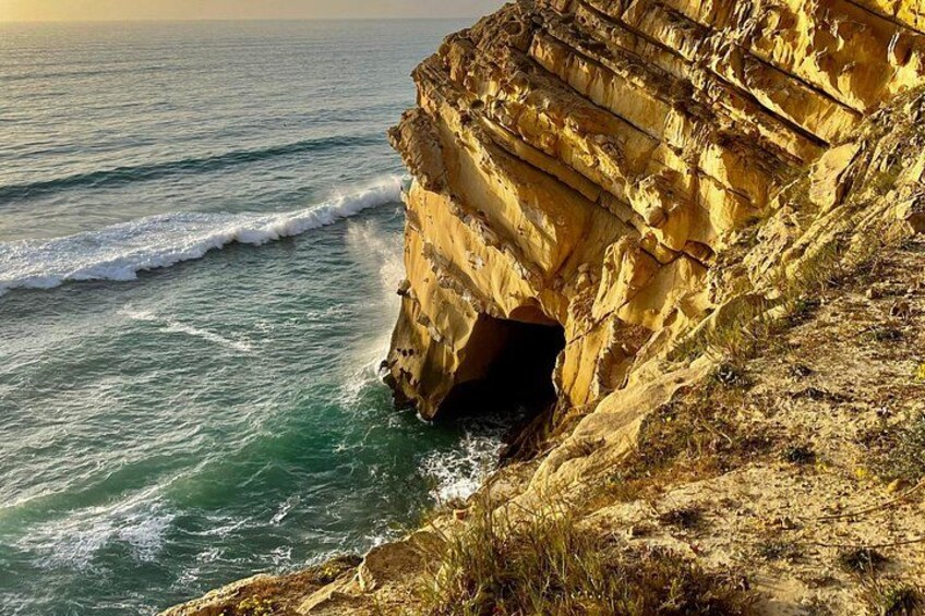 A coastal cliff with a cave entrance, ocean waves, and sparse vegetation. 3