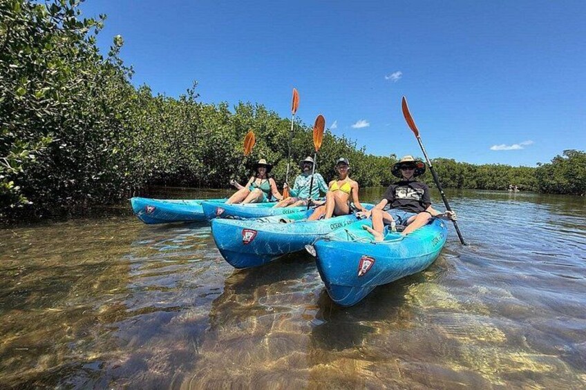 Tre persone che fanno kayak su un fiume tranquillo, circondato da alberi di mangrovie. 1
