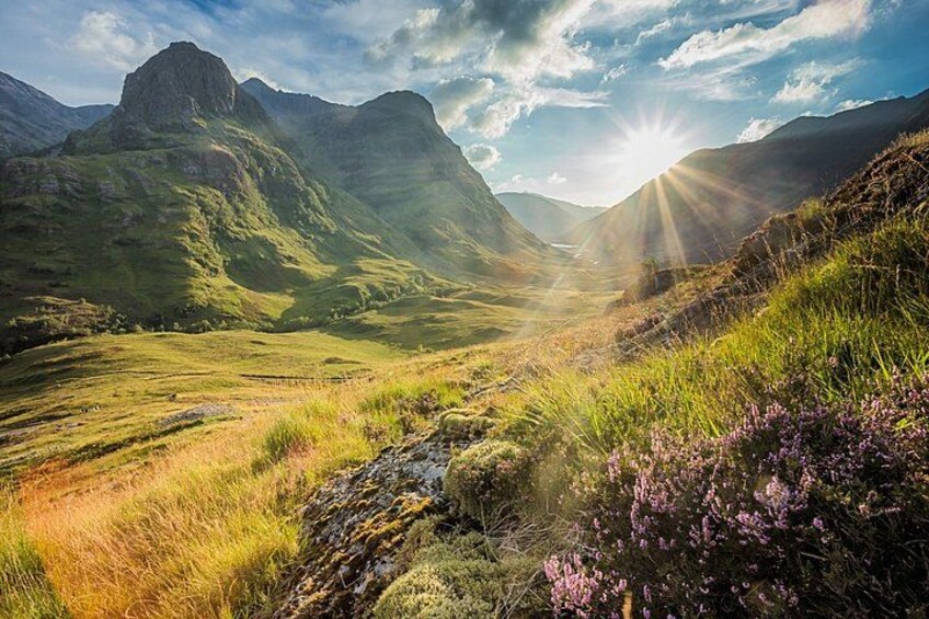 A mountainous landscape with a valley, grassy fields, and purple heather. 2