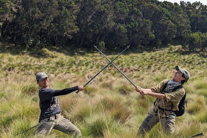Two people in a grassy field holding a long pole. 2
