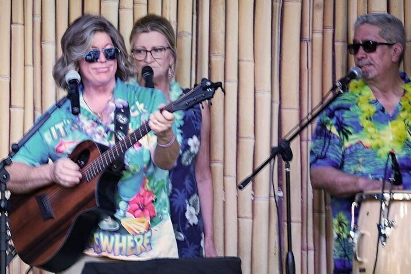 A person playing a guitar on stage with microphones. 3