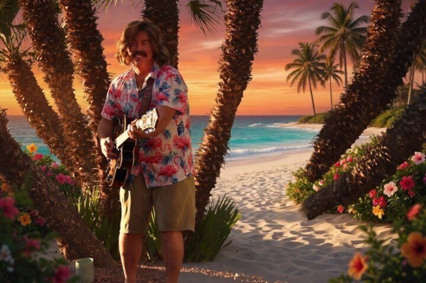 A person standing on a beach with palm trees and flowers, holding a guitar. 2