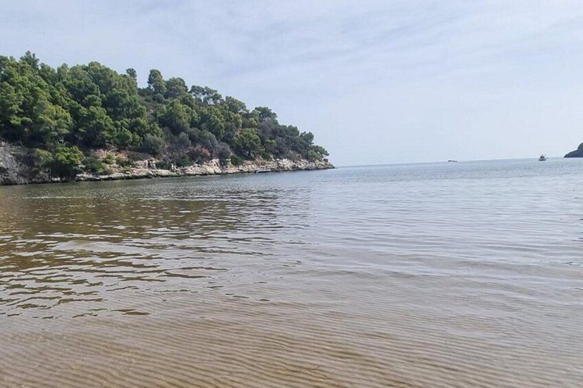 A calm body of water, a sandy beach, and a forested hill. 2