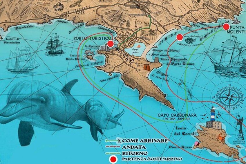 A map of a coastal region with labeled ports, islands, and a compass rose. 3