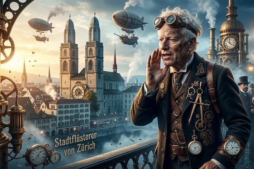 A historical cityscape with steampunk elements, including dirigibles and clockwork mechanisms. 1