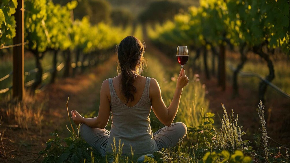 A person meditating in a vineyard. 5