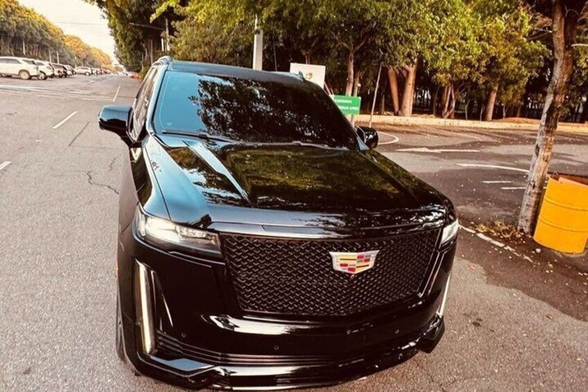 A black Cadillac SUV parked on a street with trees and a yellow barrel in the background. 5