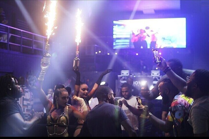 A group of people celebrating with sparklers at a concert. 1