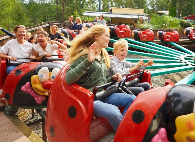 A ladybug-themed amusement ride with passengers. 3