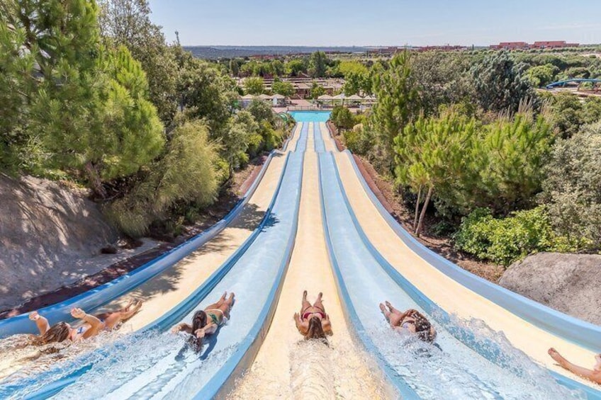 A water slide with multiple lanes, surrounded by trees and a clear sky. 5