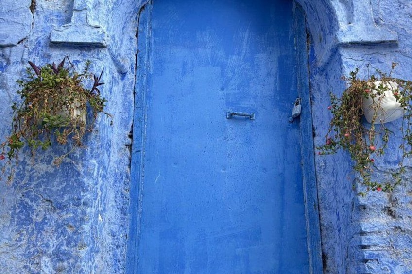 A blue door with a metal handle, surrounded by rough stone walls and some greenery. 4