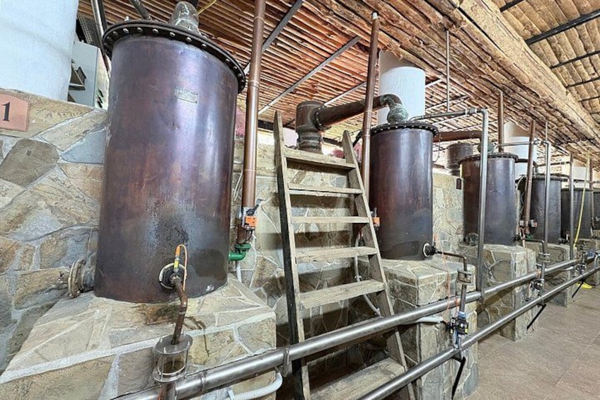 Industrial tanks, pipes, and a ladder in a facility with stone walls. 5