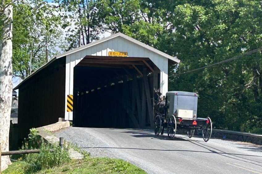 A covered bridge with a horse-drawn carriage passing underneath. 3