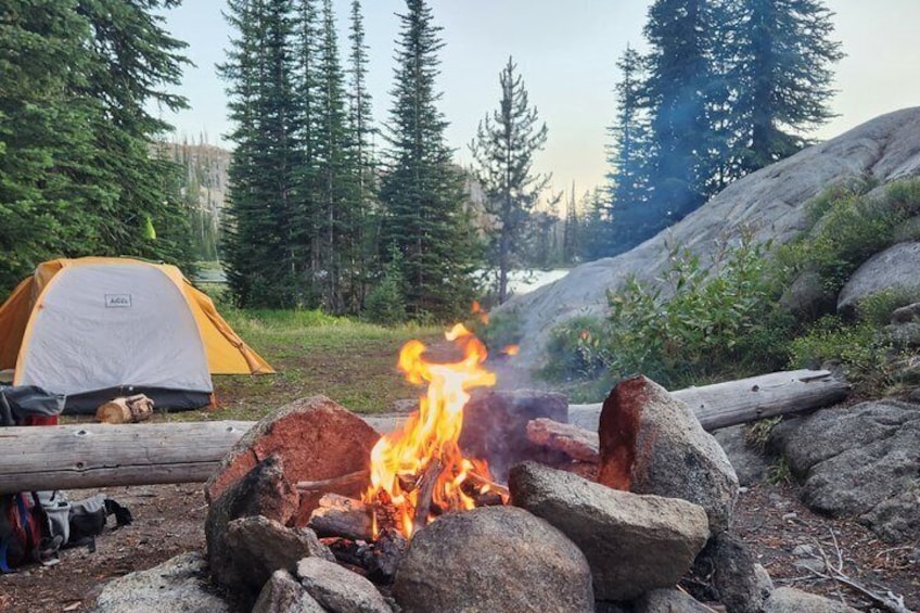 A campfire with rocks, a tent, and a forested landscape. 1