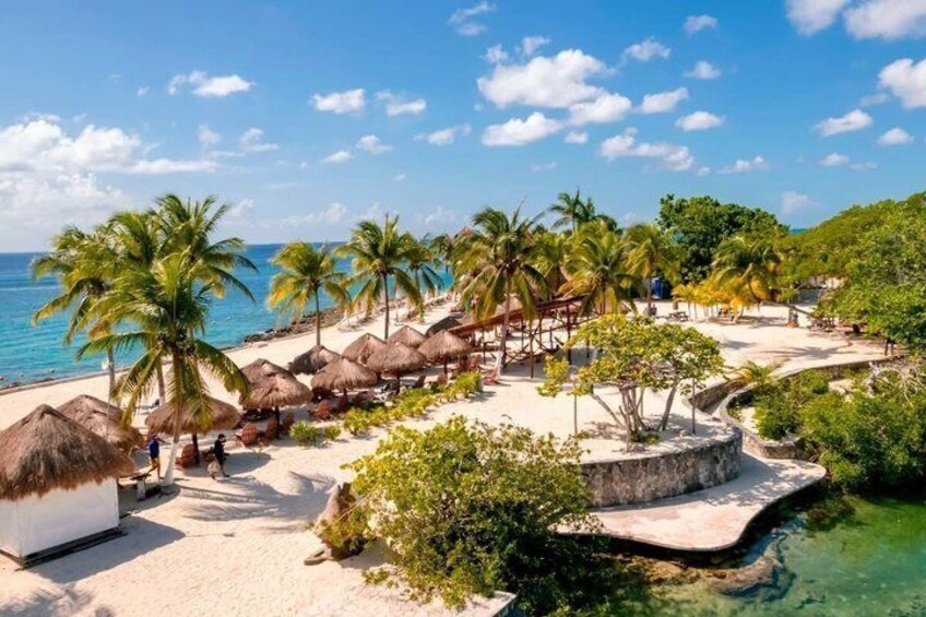 A tropical beach with palm trees, thatched-roof huts, and a clear blue sky. 1