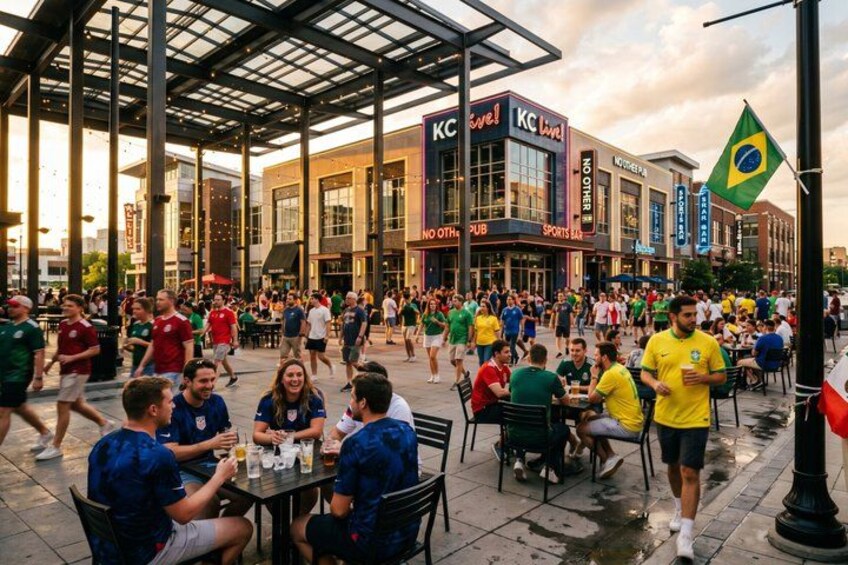 A crowded outdoor dining area with people seated at tables, a large building with signage, and a Brazilian flag. 2