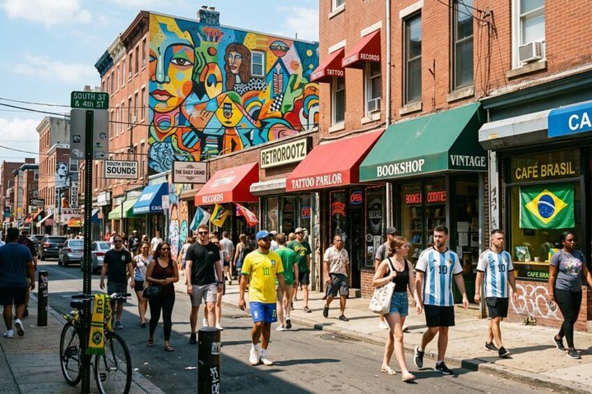 Una calle concurrida con peatones, un mural colorido y diferentes comercios, incluyendo un estudio de tatuajes y una librería. 2