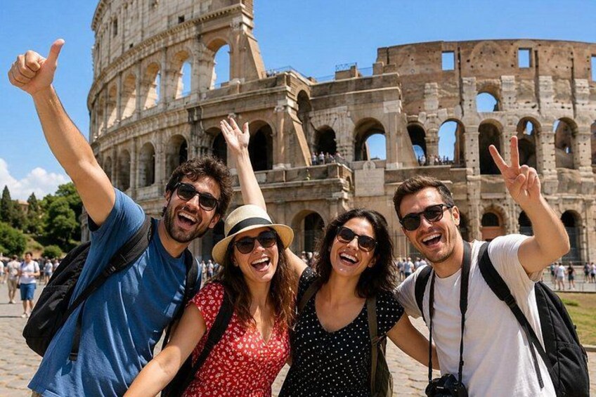 A group of people in front of the Colosseum with one person making a peace sign. 4