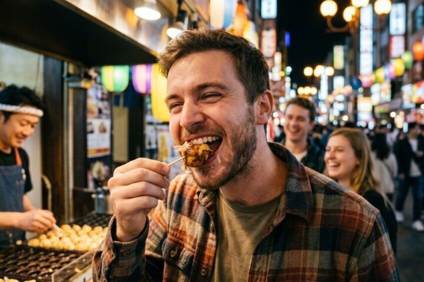 A person eating food at an outdoor food stall in a busy urban area with bright lights and other people in the background. 1