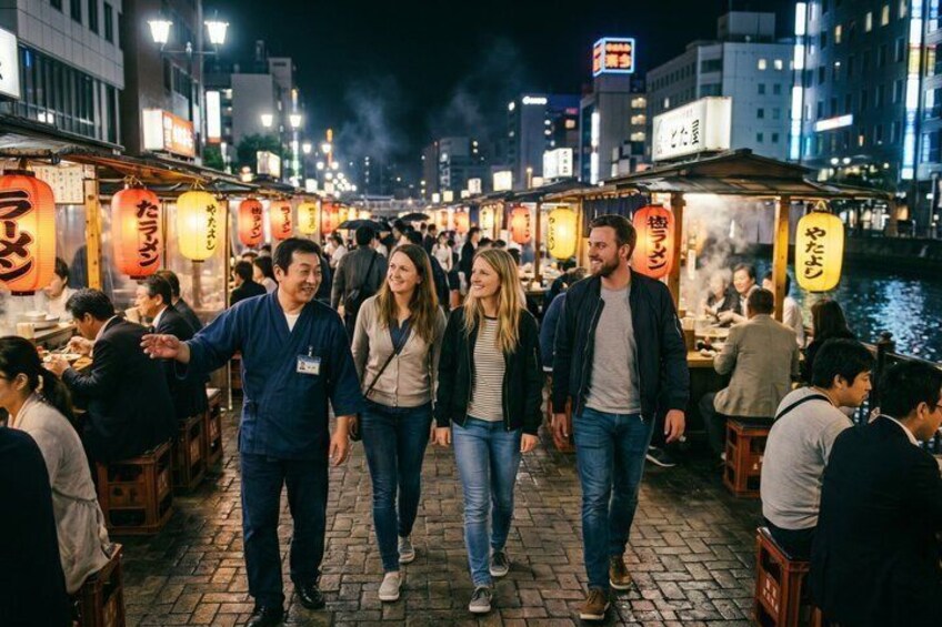 A nighttime street scene with people walking and dining at outdoor restaurants, illuminated by traditional lanterns. 1