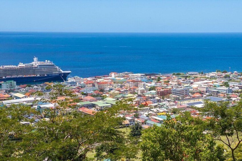 A cruise ship, a coastal town, and the ocean. 5
