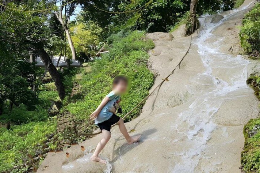 A person walking on a sandy path beside a flowing stream in a forested area. 5