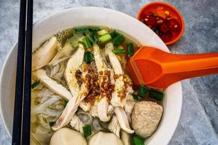 A bowl of noodle soup with chicken, mushrooms, and green onions. 2