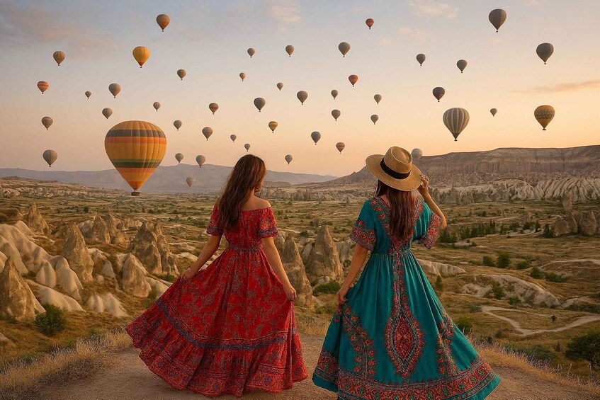 Two women in colorful dresses standing on a path, looking at hot air balloons in a rocky landscape. 1