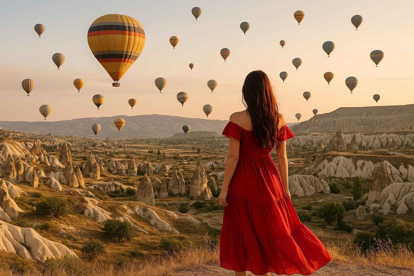 A woman in a red dress standing on a hill overlooking a landscape with numerous hot air balloons and distinctive rock formations. 4