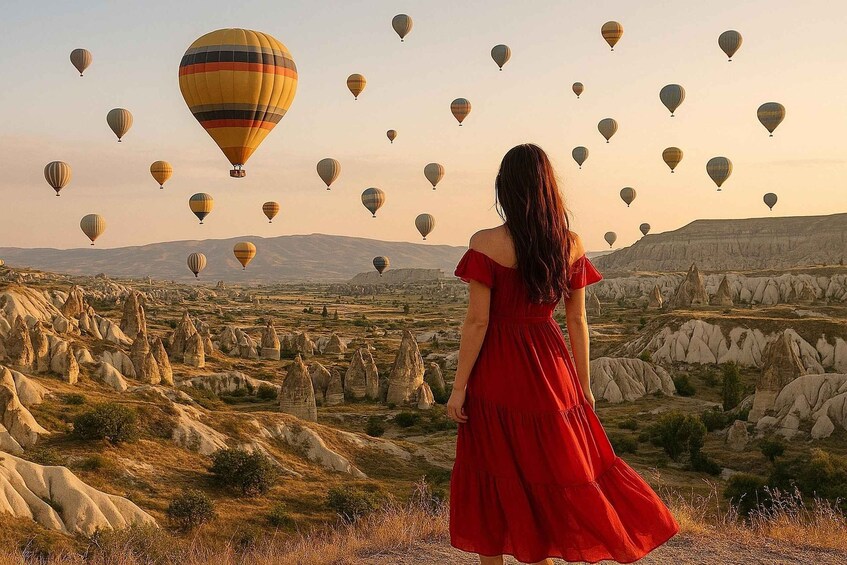 A woman in a red dress standing in a landscape with numerous hot air balloons in the sky. 3