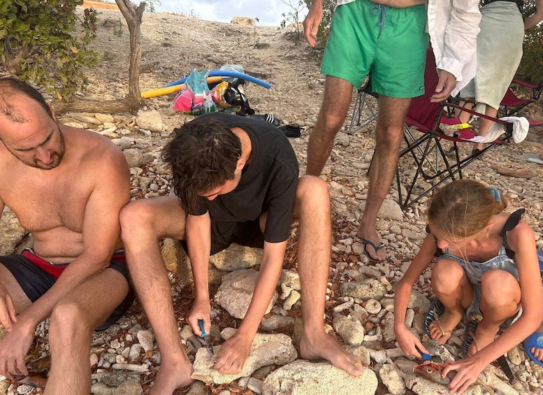 People fishing by a rocky shore with fishing rods and a fish. 5