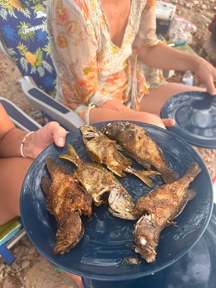 A person holding a blue plate with several fried fish. 4