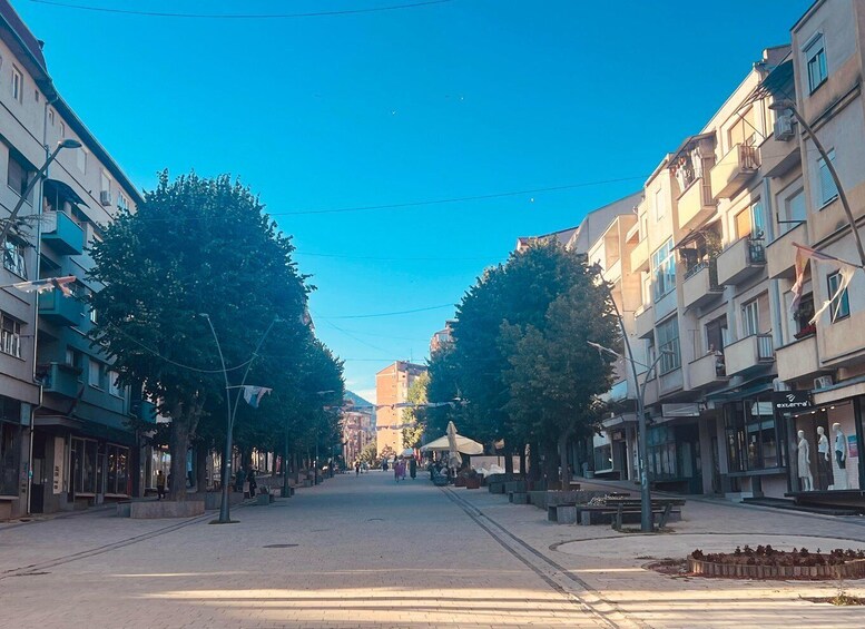A tree-lined street with buildings, benches, and outdoor seating. 2