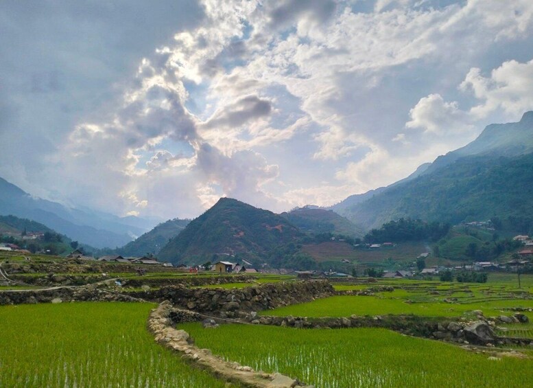 Terraced rice fields, a mountain, and a cloudy sky. 2