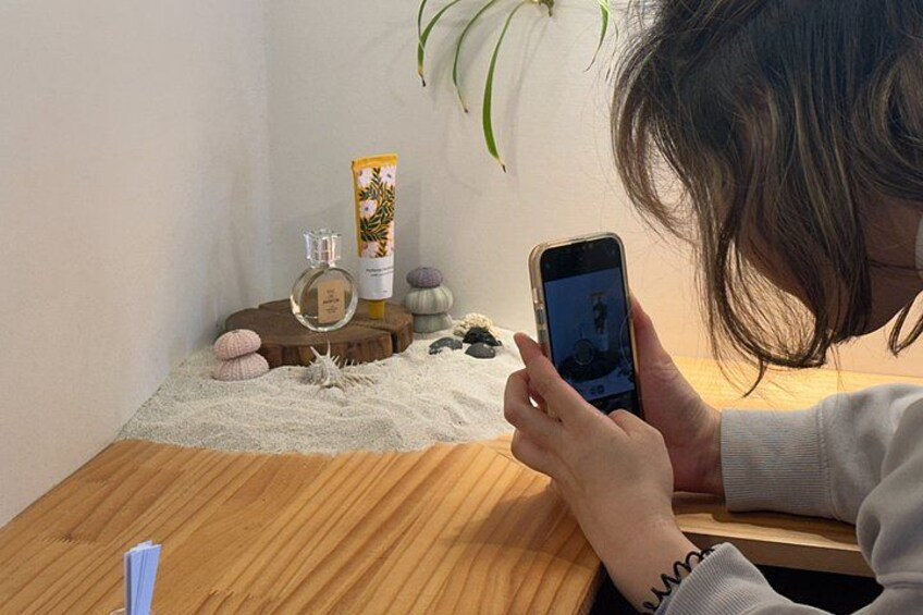 A person using a smartphone at a wooden table with a plant, a bottle, and decorative stones. 2