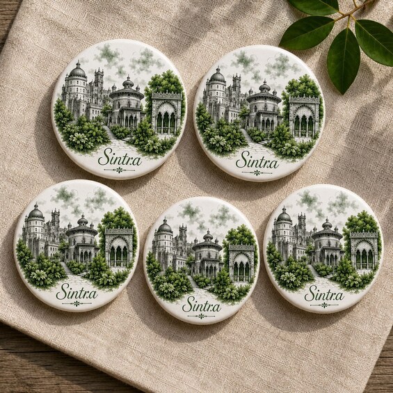 Five round decorative plates with architectural designs and the word 'Sintra' on them. 5