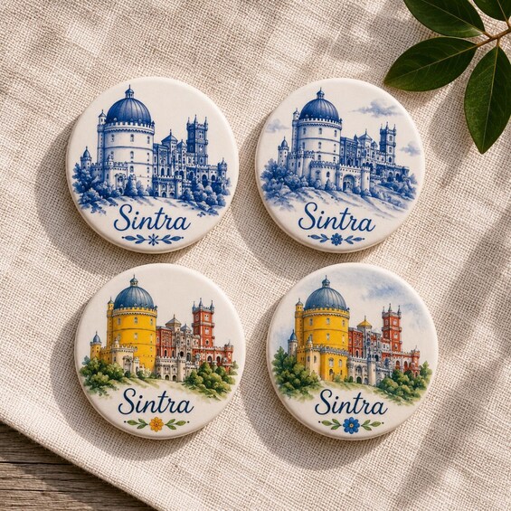 Four round pins with Sintra castle illustrations and the word 'Sintra' on them. 3
